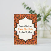 Skulls Damask Orangenschwarzes Halloween Save the  Ankündigungspostkarte (Stehend Vorderseite)