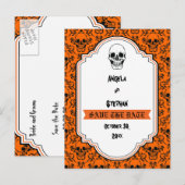 Skulls Damask Orangenschwarzes Halloween Save the Ankündigungspostkarte (Vorne/Hinten)