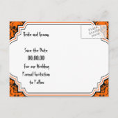 Skulls Damask Orangenschwarzes Halloween Save the Ankündigungspostkarte (Rückseite)