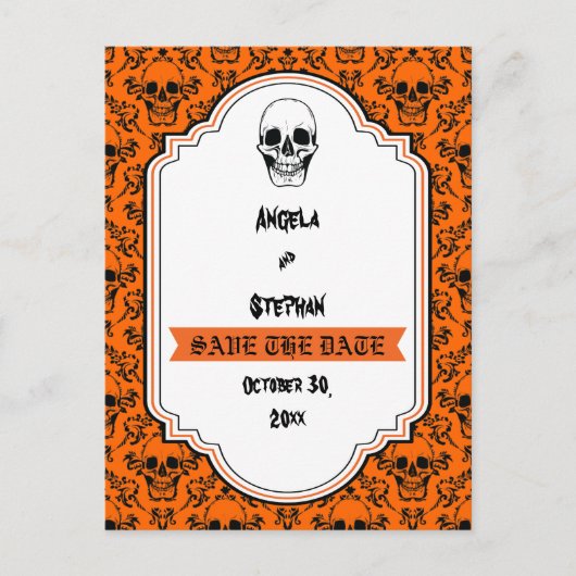 Skulls Damask Orangenschwarzes Halloween Save the Ankündigungspostkarte (Vorderseite)