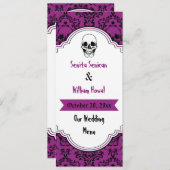 Skulls Damask Schwarz, lila Hochzeitskarte Menükarte (Vorne/Hinten)