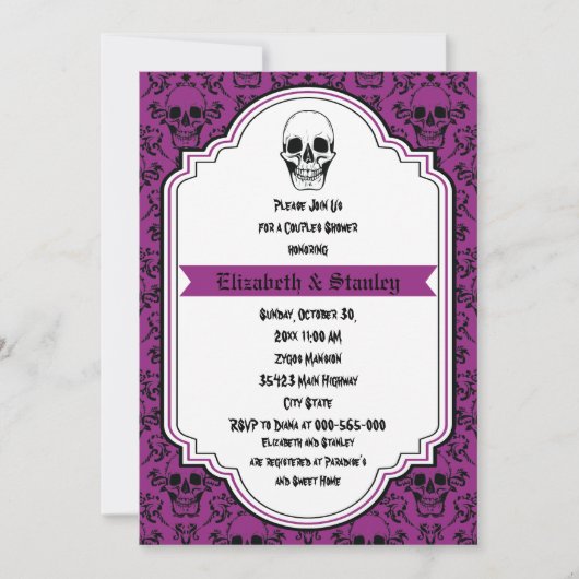 Skulls Damaske lila, schwarze Hochzeitspaare Dusch Einladung (Vorderseite)