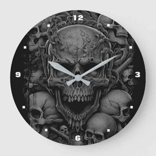 Skulls Gray Black Beängstigend Biker Gothic Hallow Große Wanduhr (Vorderseite)