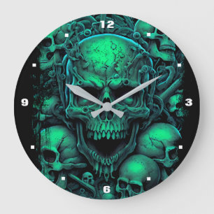 Skulls Green Black Beängstigend Biker Gothic Hallo Große Wanduhr