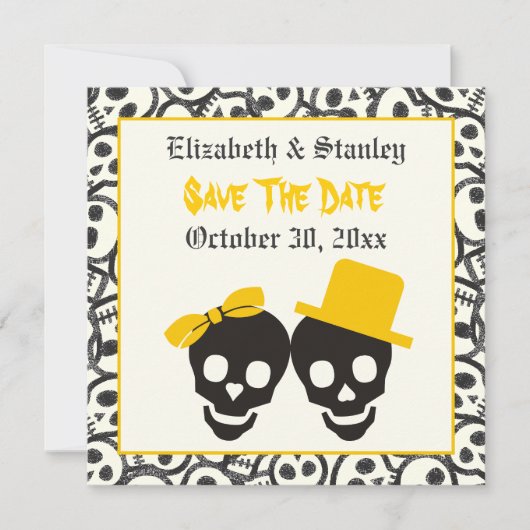 Skulls Halloween gelbe Hochzeit Save the Date (Vorderseite)
