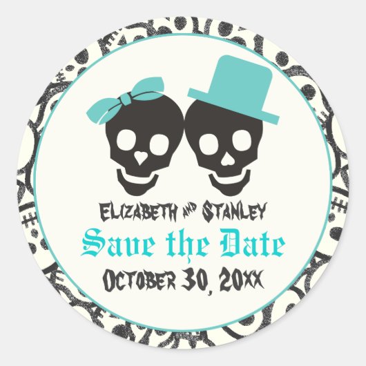 Skulls Halloween Türkis Hochzeit Save the Date Runder Aufkleber (Vorderseite)