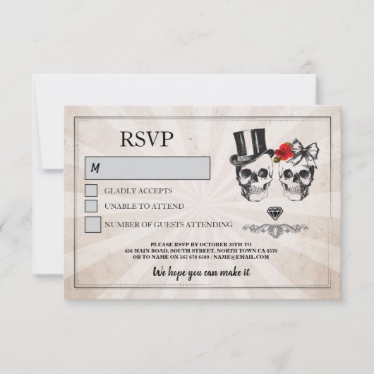 Skulls Hochzeit RSVP Skull Rose Rustikale Karten (Vorderseite)