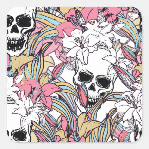 Skulls Lily Blume: Boho Vintag. Quadratischer Aufkleber