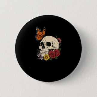 Skulls Monarch Butterfly Flowers Halloween Men Wom Button
