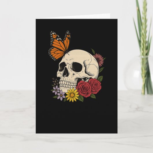 Skulls Monarch Butterfly Flowers Halloween Men Wom Karte (Vorderseite)