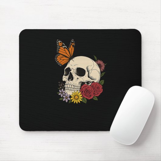 Skulls Monarch Butterfly Flowers Halloween Men Wom Mousepad (Mit Mouse)