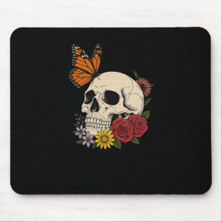 Skulls Monarch Butterfly Flowers Halloween Men Wom Mousepad