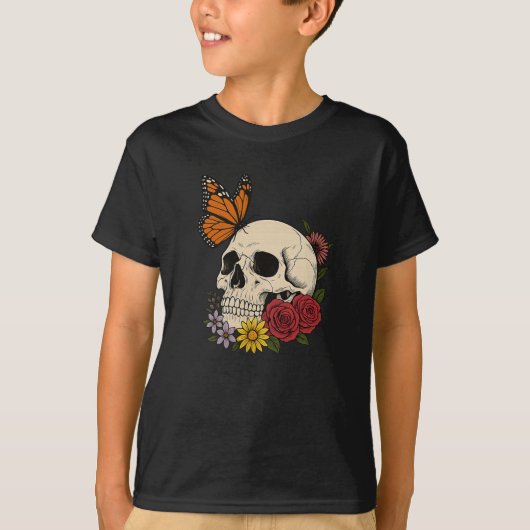 Skulls Monarch Butterfly Flowers Halloween Men Wom T-Shirt (Vorderseite)