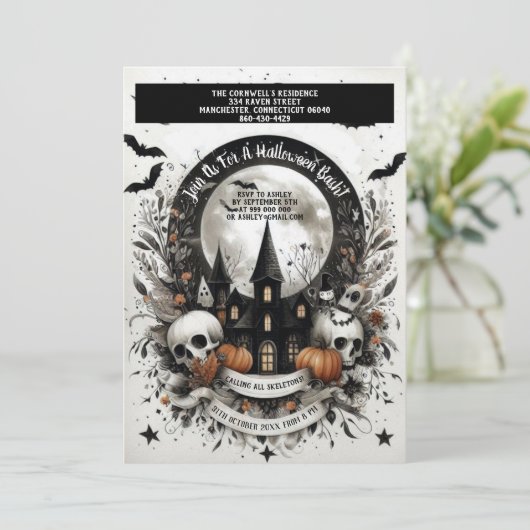 Skulls Pumpkin Spuk House Halloween Bash Gothic Einladung (Stehend Vorderseite)