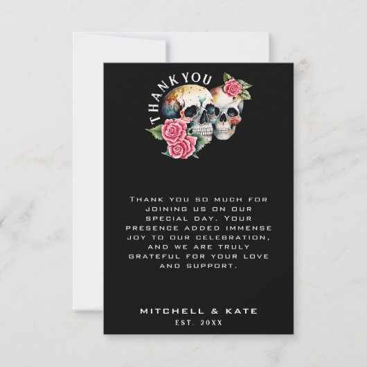 Skulls & Rose Black Wedding Dankeskarte (Vorderseite)