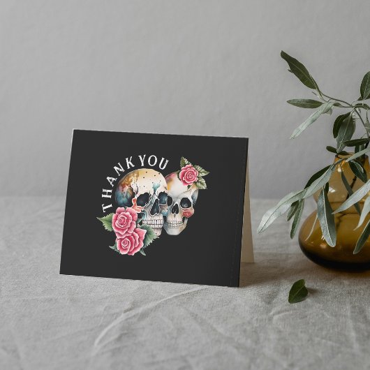 Skulls & Rose Black Wedding Dankeskarte