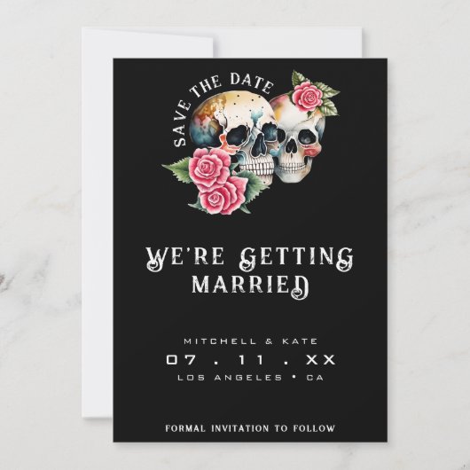Skulls & Rose Black Wedding Save The Date (Vorderseite)