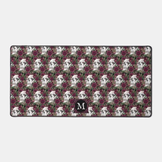 Skulls Rose Burgundy Black Mit Monogramm Pattern Schreibtischunterlage (Vorderseite)