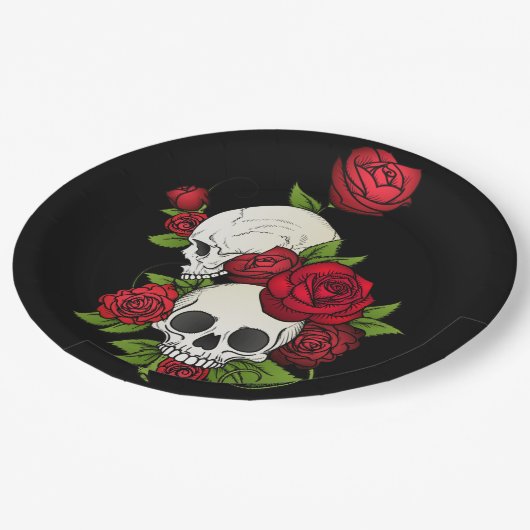 Skulls Rose Día de Muertos Pappteller (Schrägansicht)