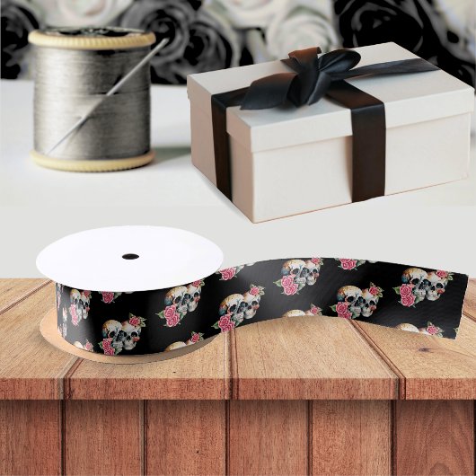 Skulls & Rose Muster Schwarze Hochzeit Satinband