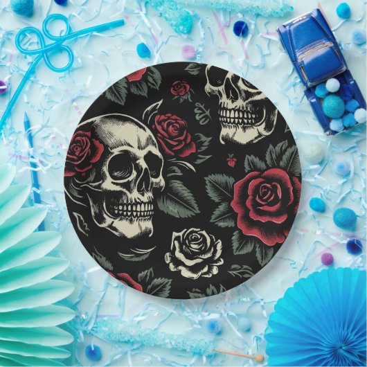 Skulls & Rote Rosen Gothic Floral Pappteller (Party)