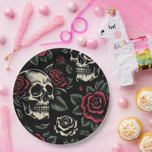Skulls & Rote Rosen Gothic Floral Pappteller (Party)