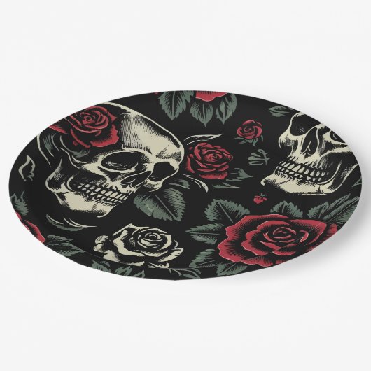 Skulls & Rote Rosen Gothic Floral Pappteller (Schrägansicht)