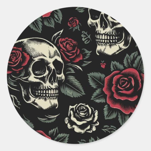 Skulls & Rote Rosen Gothic Floral Runder Aufkleber (Vorderseite)