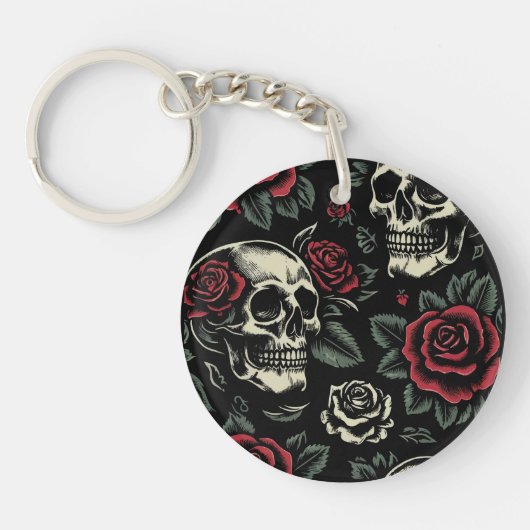 Skulls & Rote Rosen Gothic Floral Schlüsselanhänger (Vorderseite)