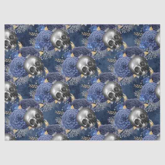 Skulls und Blaue Rose auf blauem Dekoupage Seidenpapier (Vorderseite)