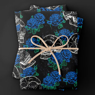 Skulls und blaue Rose   Cool Funky Dark Grunge Geschenkpapier Set