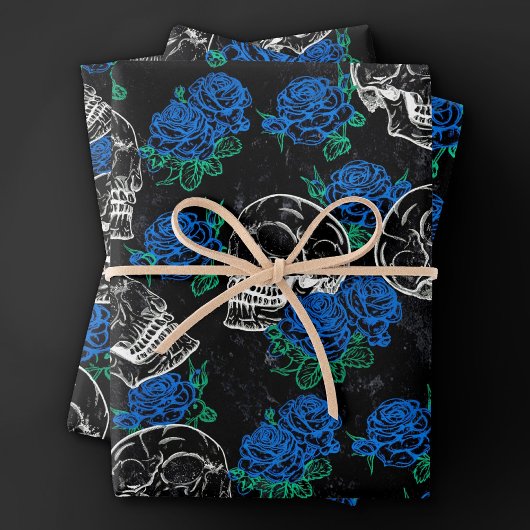 Skulls und blaue Rose | Cool Funky Dark Grunge Geschenkpapier Set