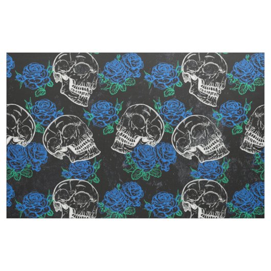 Skulls und blaue Rose | Cool Funky Dark Grunge Stoff (Yard (91,4 cm))
