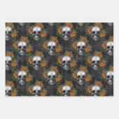 Skulls und Orange-Blume auf Charcol Geschenkpapier Set (Vorderseite 2)