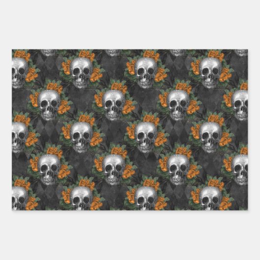 Skulls und Orange-Blume auf Charcol Geschenkpapier Set (Vorderseite 2)