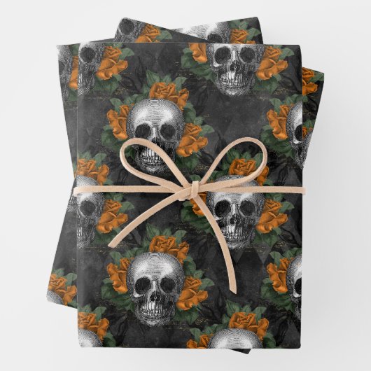 Skulls und Orange-Blume auf Charcol Geschenkpapier Set (Beispiel)