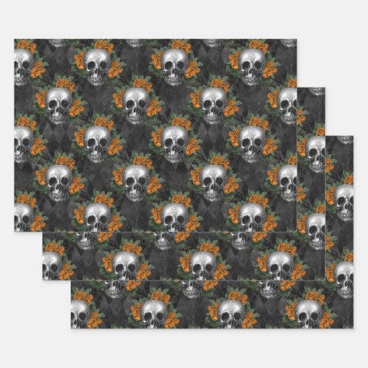 Skulls und Orange-Blume auf Charcol Geschenkpapier Set (Set)