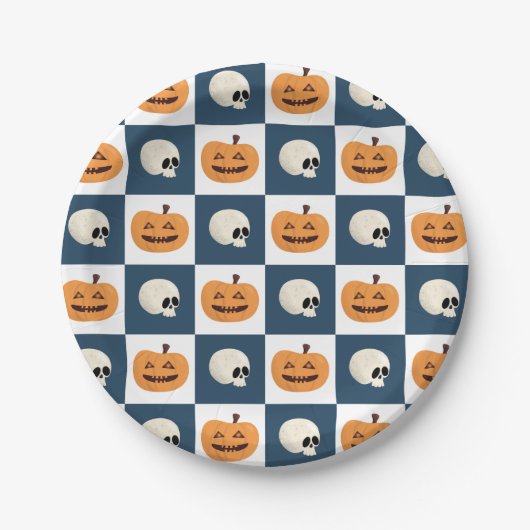 Skulls und Pumpkins Karos Pappteller (Vorderseite)