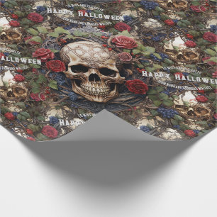 Skulls und Rose Blauer Blumengotik Halloween Geschenkpapier