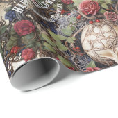 Skulls und Rose Blauer Blumengotik Halloween Geschenkpapier (Rolleneckpunkt)