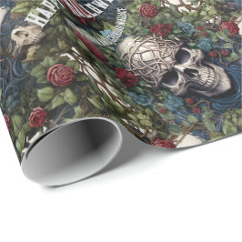 Skulls und Rose Blauer Blumengotik Halloween Geschenkpapier