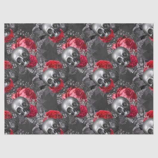 Skulls und Rote Blume auf Grau-Decoupage Seidenpapier (Vorderseite)