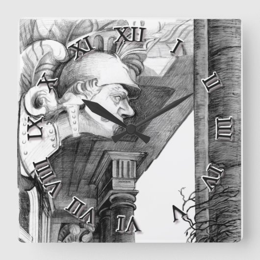 Skulptur   Burg  Quadratische Wanduhr (Vorderseite)