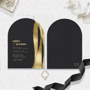 Skulpturale Wellen Hochzeit Gold Matt Schwarz ID13 Einladung