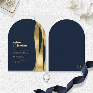 Skulpturale Wellen Hochzeit Gold Navy Blau ID1312 Einladung