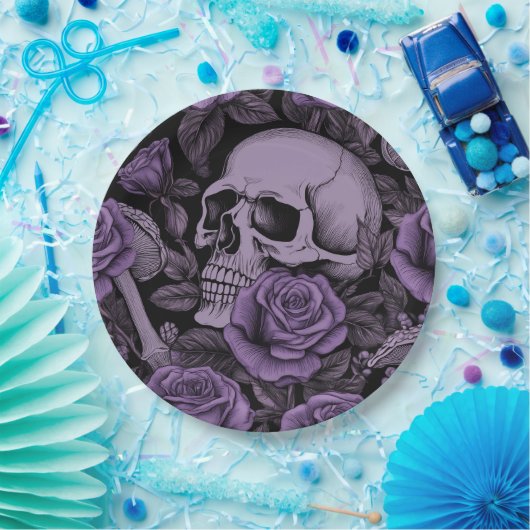 Skulpturen in Bloom: Lila Rose Muster, Goth Lovers Pappteller (Party)