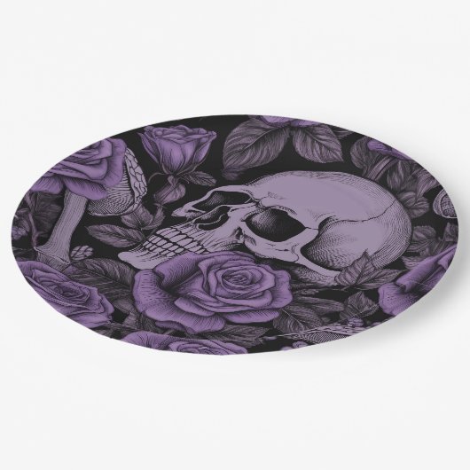 Skulpturen in Bloom: Lila Rose Muster, Goth Lovers Pappteller (Schrägansicht)