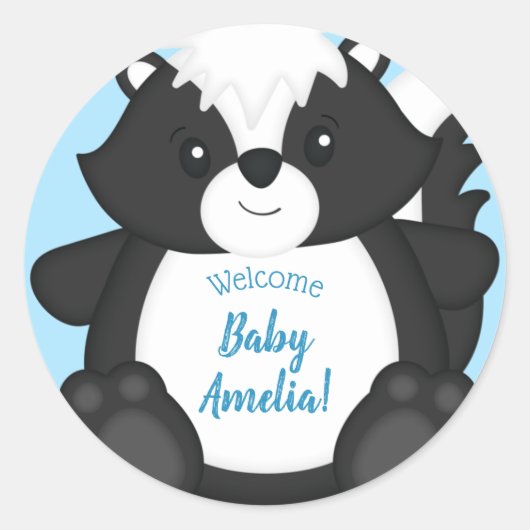 Skunk Baby Shower Blue Runder Aufkleber (Vorderseite)