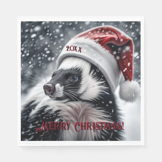 Skunk in Weihnachtsmannmütze Keramik Ornament Serviette (Vorderseite)
