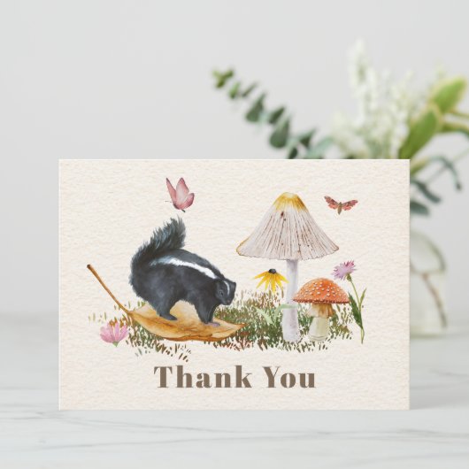 Skunk Mushrooms Butterflies Babydusche Dankeskarte (Stehend Vorderseite)